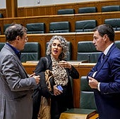 El consejero Alberto Martínez, la vicelehendakari Ibone Bengoetxea y el lehendakari Imanol Pradales, este viernes en el Parlamento vasco.