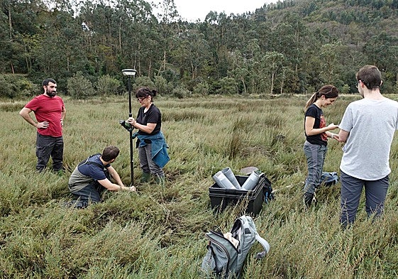 Los miembros del grupo Harea-Geología Litoral analizan cómo se han acumulado las capas de materiales orgánicos en la zona.