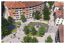 Vista aérea de la transformación urbana del centro del municipio, que creará un itinerario verde