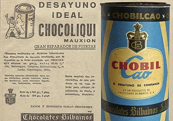 Anuncio de Chocoliqui (1936) y bote de Chobilcao (años 60).