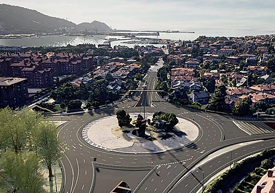 Recreación del acceso al futuro túnel subfluvial por el extremo de la rotonda de Artaza, en Getxo.