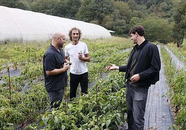 Buenos vecinos. La pieza clave de la propuesta de Urruti Taberna son las alianzas que han tejido con los productores de la comarca. En la imagen, Carlos y Jero con Iker Villasana, del baserri Biortzatxu. Mireya López