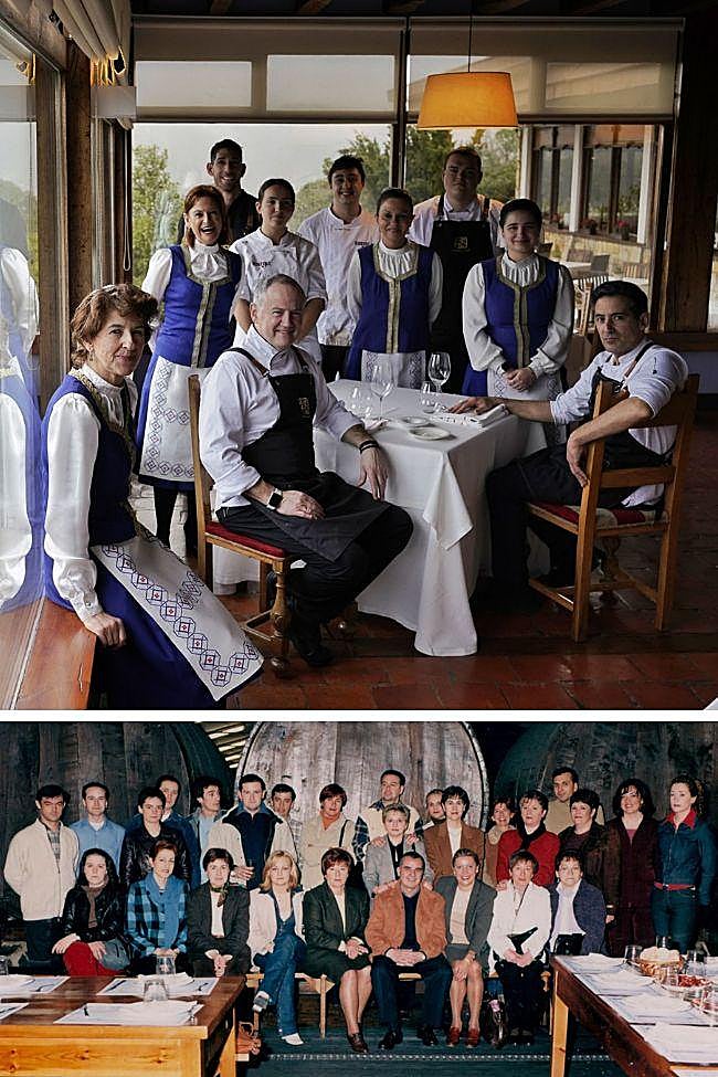 Delante, Argiñe Iribar, Josemi Olazabalaga y Baltasar Leiro, ambos al frente de la cocina de Andra Mari. Detrás, Uritz Lejarzegui, Jose Oliva, Estíbaliz Fernández, Jon Otxoa, Sonia Alonso, Kike García y Ariadna Alonso. En la foto inferior, en la despedida de Carlos Espinazo, rodeado del equipo al completo de Andra Mari en la sidrería de Galdakao en 2002.