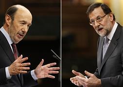 Pérez Rubalcaba y Rajoy, en el Debate sobre el Estado de la Nación. / Afp