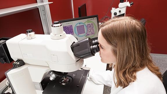 Una investigadora trabaja con un microscopio, apoyada por la base de datos de muestras biológicas.