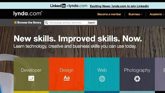 La web de formación Lynda.com tras el anuncio de compra. 