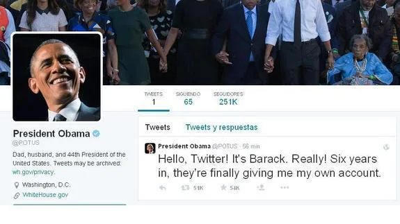 La nueva cuenta de Obama en Twitter. 