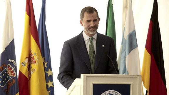 El rey Felipe VI, durante su discurso en el acto conmemorativo de los 30 años de los Observatorios de Canarias .