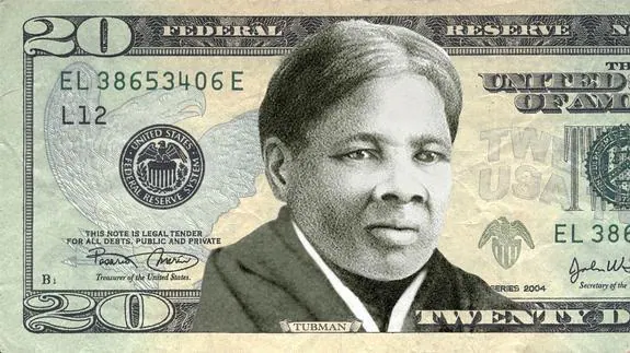 Recreación de un billete de dólar con la imagen de la activista Harriet Tubman.