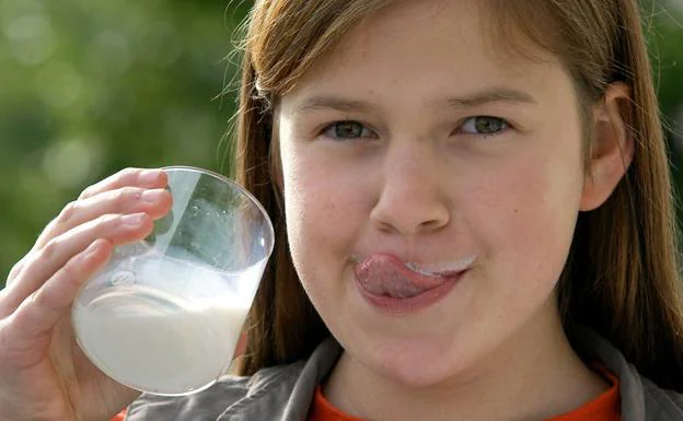 Una niña bebe leche en una granja de Dresde (Alemania).