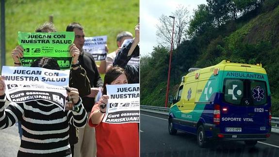 Los trabajadores protestan en el exterior de la planta, mientras una ambulancia traslada a su compañero herido. 