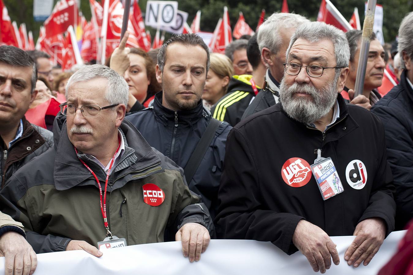 Ignacio Fernández Toxo y Cándido Méndez, en la manifestación del Primero de Mayo del año pasado, en Madrid.