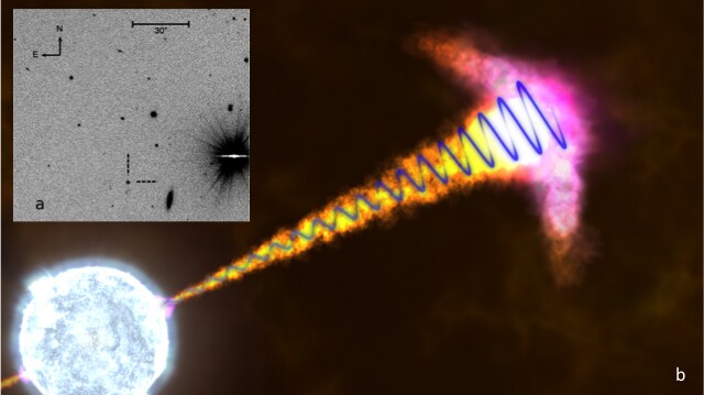 Imagen del VLT en la que GRB121024A es el punto señalado con líneas discontinuas y reproducción artística de uno de los chorros.