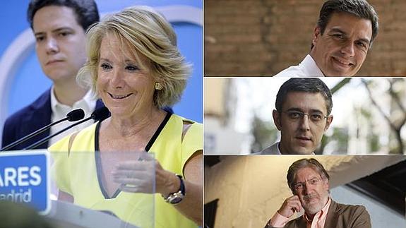 Esperanza Aguirre, en la rueda de prensa de hoy. A la derecha arriba, Pedro Sánchez; en el centro, Eduardo Madina; y abajo, José Antonio Pérez Tapias.