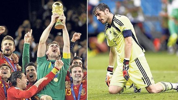 'La Roja' celebra la victoria de Sudáfrica en 2010. Abajo, Iker Casillas, desolado tras perder contra Holanda en Brasil.