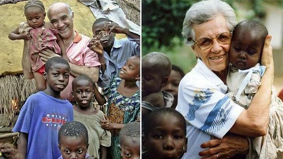 El hermano Manuel García Viejo y la hermana Olga Raschietti, rodeados de niños en Sierra Leona y Burundi.