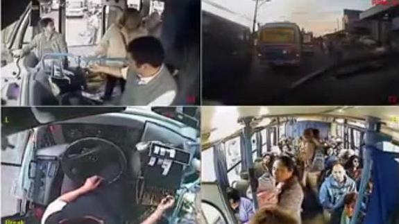 Un conductor de autobús cede su asiento a una mujer con un bebé