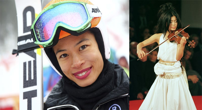 Vanesa Mae, en sus facetas como esquiadora y violista. 