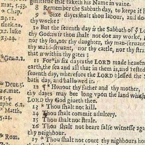 Página de la Biblia Adúltera donde se puede apreciar, en el número 14, el mandamiento en inglés que ordena cometer adulterio