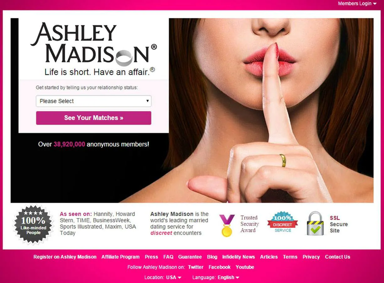 Fotografía de la página de acceso a la web de sexo extramarital Ashley Madison.