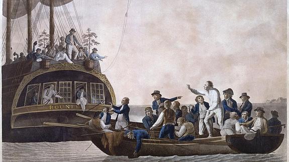 Grabado de época que recoge el abandono del capitán Bligh y sus hombres en el mar por los amotinados.