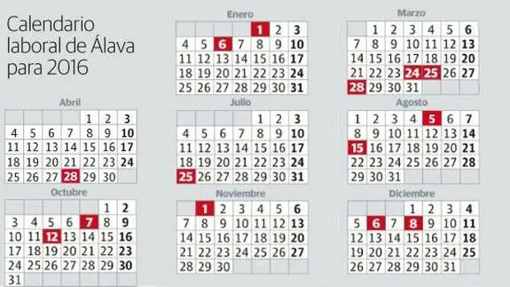 Calendario de festivos. Los meses sin fiestas han sido omitidos