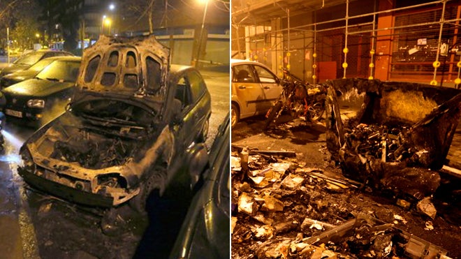 El coche calcinado en Las Arenas y uno de los contenedores quemados en Bilbao.