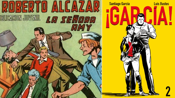 A la izquierda, una de las antiguas imágenes de los tebeos de Roberto Alcázar. A la derecha, la portada de la novela gráfica que recupera la idea de este personaje en la España actual.