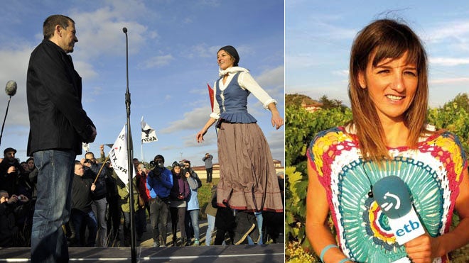 La presentadora Ainhoa Lendinez en el recibimiento a Arnaldo Otegi, a la izquierda, y en su trabajo como periodista de ETB.