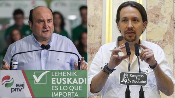 l presidente del PNV, Andoni Ortuzar, y el secretario general de Podemos, Pablo Iglesias