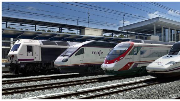 Modelos que componen el parque actual de Renfe: S333.300, S104 Alstom-Caf, S465 Civia Caf, S102 Talgo-Bombardier y S103 Siemens.