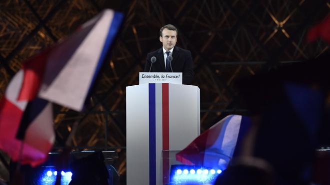 El presidente francés electo, Emmanuel Macron, durante su primer discurso tras su victoria electoral. 