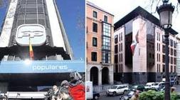 Fachada de las sedes del PP en Madrid y del PNV en Bilbao./ E.C.