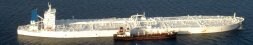 El 'TI Oceanía', un petrolero de doble casco que desplaza 500.000 toneladas cuando va cargado, navega junto a otro carguero más pequeño durante uno de sus viajes. / EL CORREO