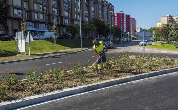 Un jardinero dando ayer los últimos retoques en los árbustos plantados en la mediana de la Avenida de Los Castros