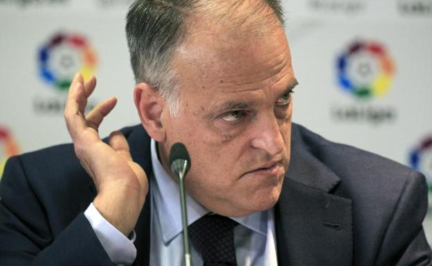 Javier Tebas, durante la presentación del informe de fichajes. 