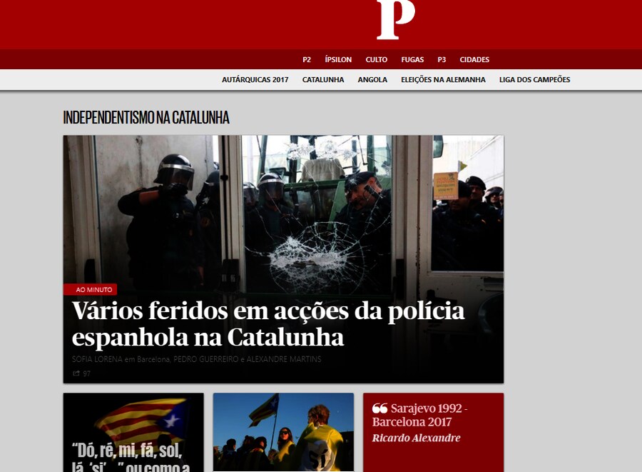 El diario portugués Público da la información de "varios heridos" en los enfrentamientos de la Policía española en Cataluña.