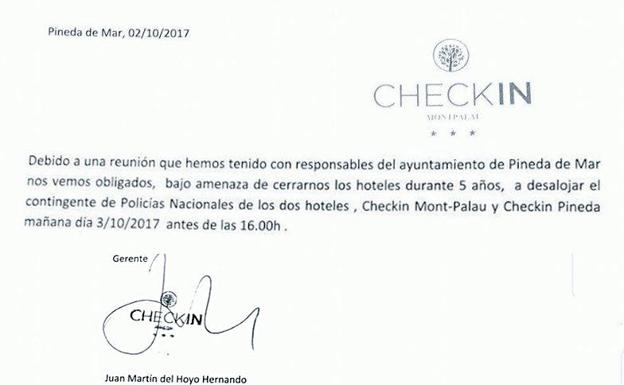 La carta del gerente de uno de los hoteles.