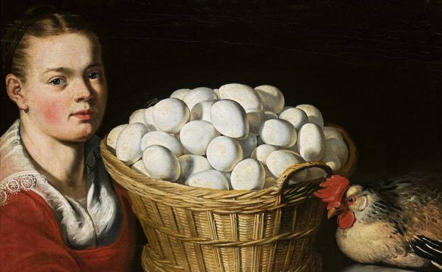 Mujer con cesta de huevos (círculo de Joachim Beuckelaer, s. XVII). 
