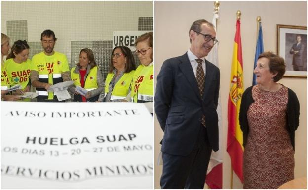 A la izquierda, médicos del SUAP, en una jornada de huelga. A la derecha, el nuevo gerente del SCS junto a la consejera de Sanidad.