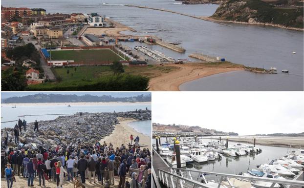 Arriba, desembocadura de la ría de San Martín en Suances. Abajo a la derecha, espigones de La Magdalena; a la izquierda, actual puerto deportivo de San Vicente. 