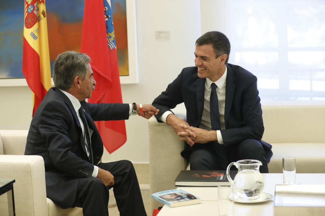 El presidente del gobierno Pedro Sánchez, durante su encuentro con el presidente de Cantabria, Miguel Ángel Revilla, esta mañana en el Palacio de La Moncloa en Madrid. 