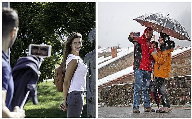 A la izquierda, turistas en Santander en el puente del Pilar. A la derecha, turistas en Bárcena Mayor el día 28 de octubre.