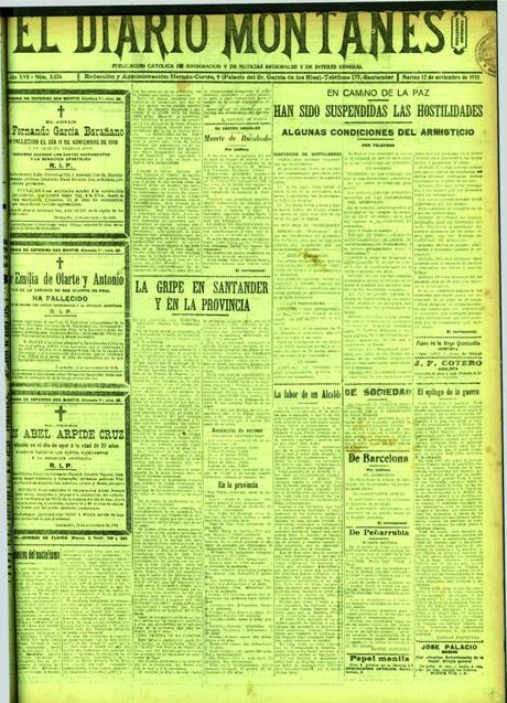 Imagen - Portada de El Diario Montañés del 12 de noviembre de 1918 en la que se informa del fin de la Gran Guerra.