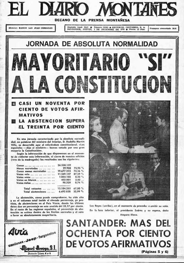 La portada. El periódico del día 7 de diciembre de 1978 publicó el 'sí' del referéndum constitucional apoyado por el 90% de los españoles.