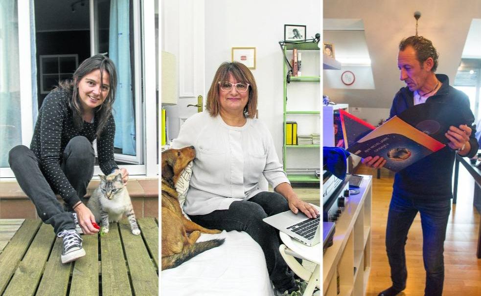 Leticia Fernández (izquierda), en el porche de su hogar, emn Cudón (Miengo). Mercedes Guevara, junto a su mascota. A la derecha, José Ramón González escuchando música en su casa.