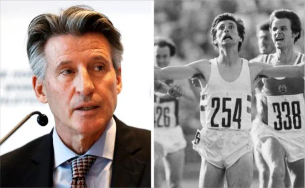 Sebastian Coe, en la actualidad y en en la final de 1.500 metros de los Juegos Olímpicos de Moscú, en 1980, por delante de Straub (338) y de Ovett