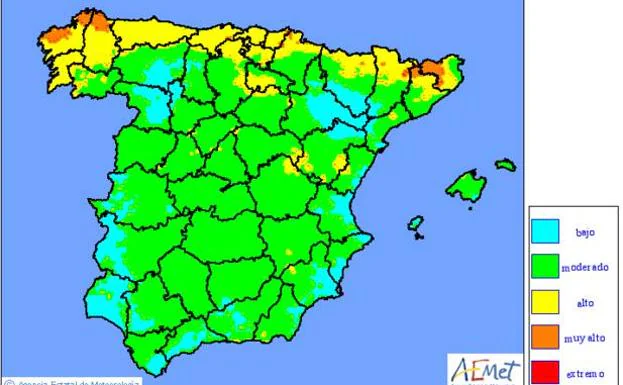 El mapa de Aemet de niveles de riesgo de incendio previstos para mañana viernes señala que en Cantabria el riesgo es «alto» en todo el territorio, con zonas de «muy alto».