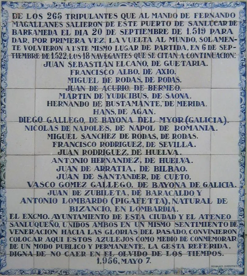 Imagen - Azulejo, en Sanlúcar de Barrameda, que recuerda a los superviviendes de la Nao Victori, en el siglo XVII.