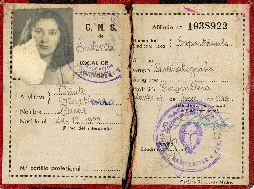 El carné de taquillera de Lucía Oñate, la hija de Ricardo. Trabajó vendiendo entradas cuando tenía poco más de veinte años y lo dejó cuando se casó, en 1948. 